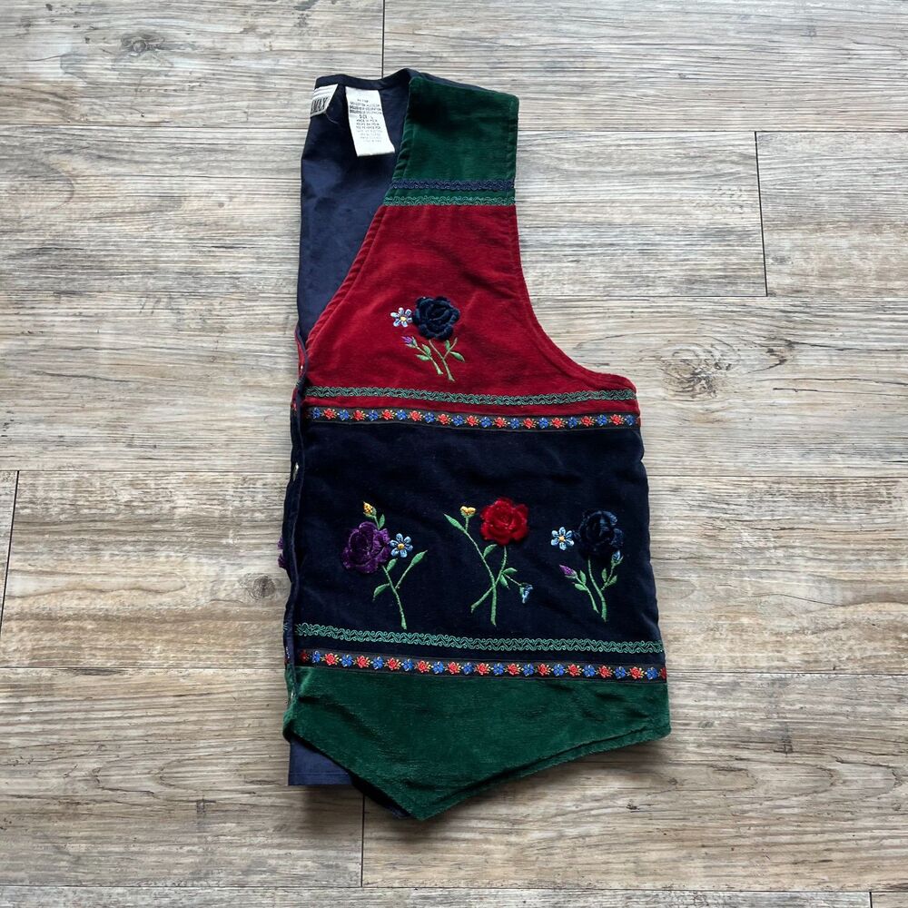 Vintage Vest Embroidered Women's Large Casey & Max Floral Velvet Unique 90s - Picture 3 of 7